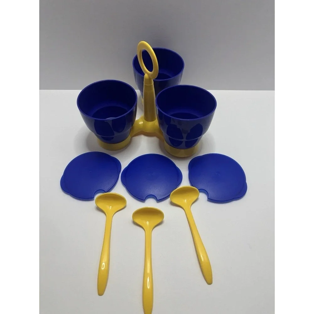 Tupperware Condiment Set  3 Blue Condiment Bowls w/yellow Spoons & Caddy‎ EUC